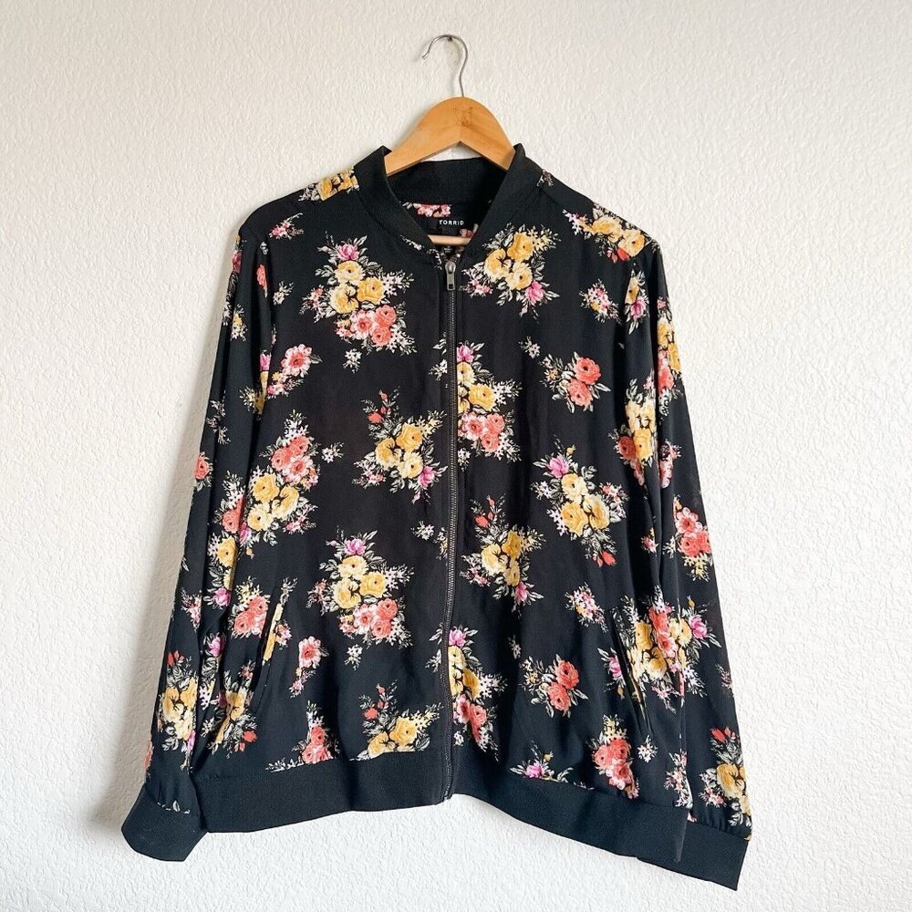Torrid Burnout Jacket Women 2X Black Floral Full Zip Lightweight Long Sleeve